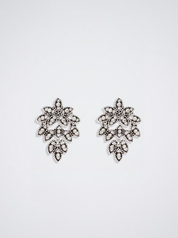 Medium Rhinestone Earrings, Silver, hi-res