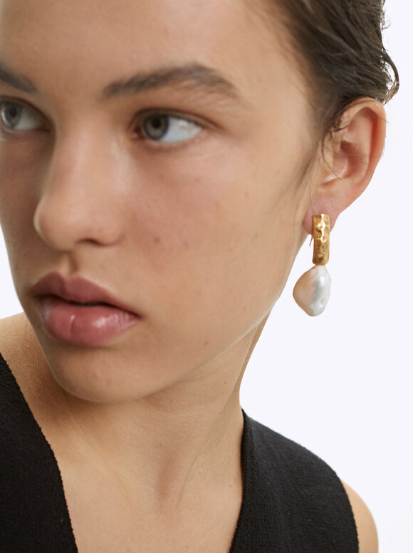 Earrings With Freshwater Pearl, Golden, hi-res
