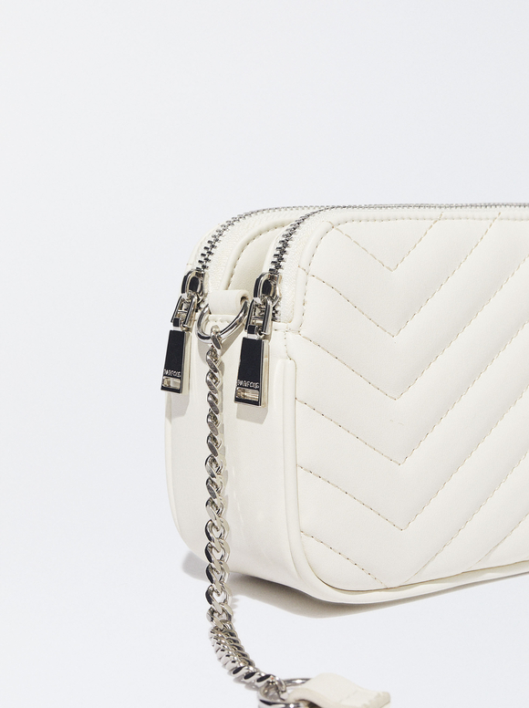 Quilted Crossbody Bag With Chain, White, hi-res
