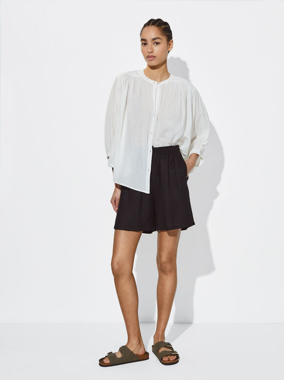 Linen Shorts With Elastic Waistband, Black, hi-res