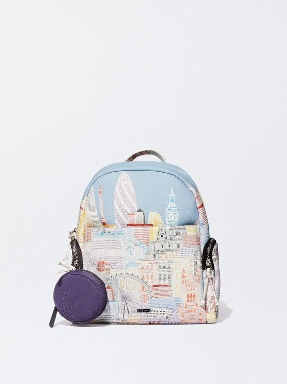 Printed Backpack With Coin Purse, Blue, hi-res