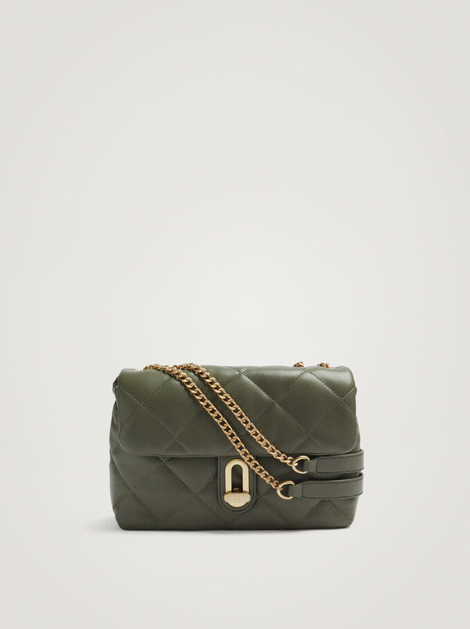 Quilted Shoulder Bag With Chain, Khaki, hi-res