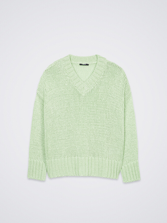 Knitted V-Neck Sweater, Green, hi-res