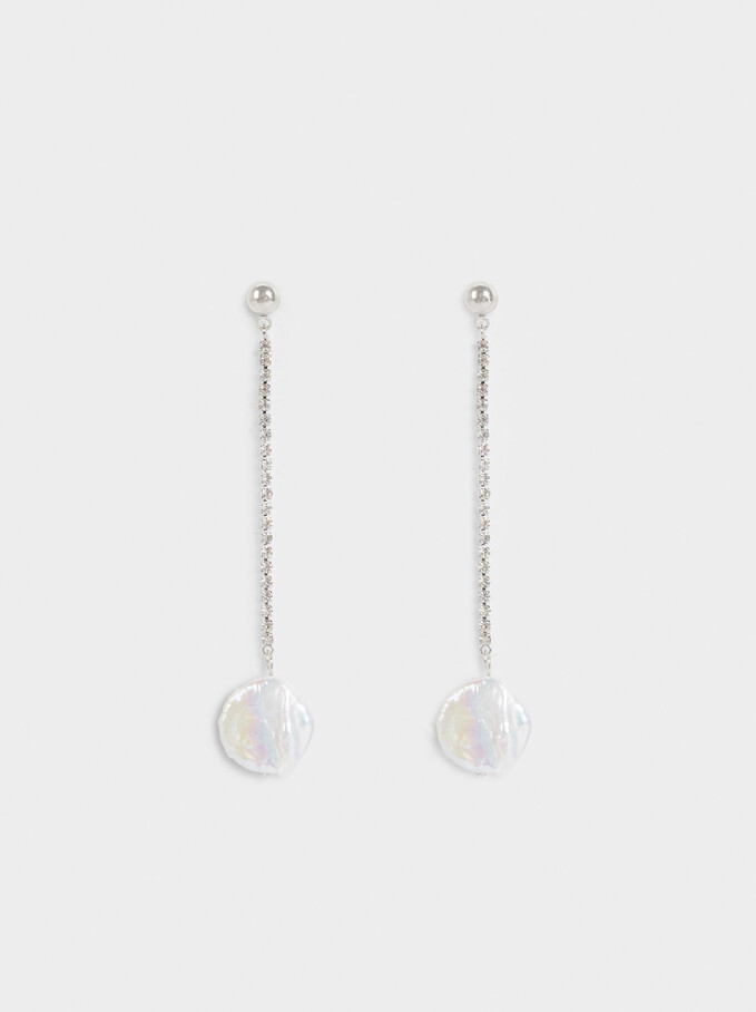 Extra Long Earrings With Pearl And Crystals, Silver, hi-res