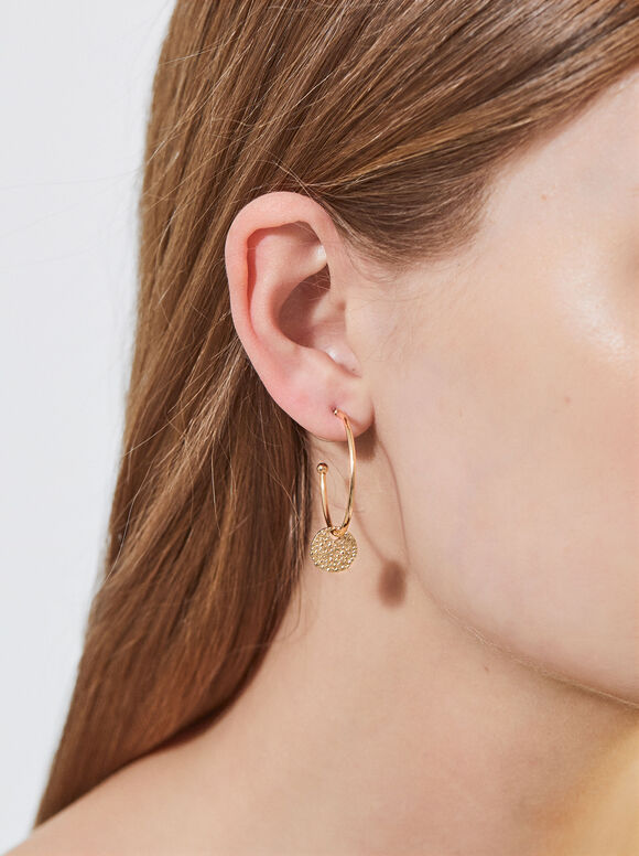 Gold-Toned Hoop Earrings With Medallions, , hi-res