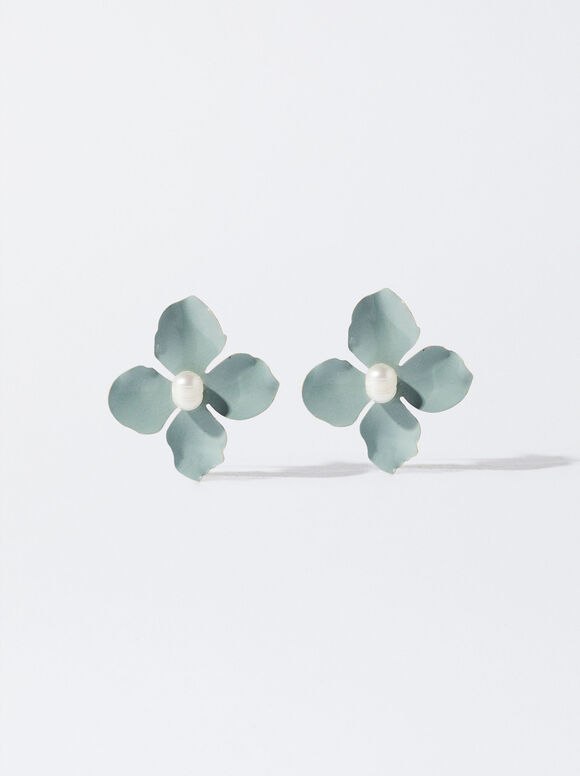 Flower Earrings With Freshwater Pearl, Blue, hi-res