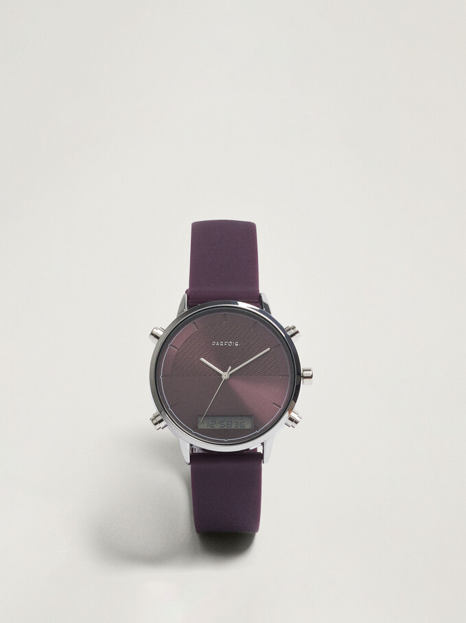 Watch With Silicone Strap And Round Face, Purple, hi-res