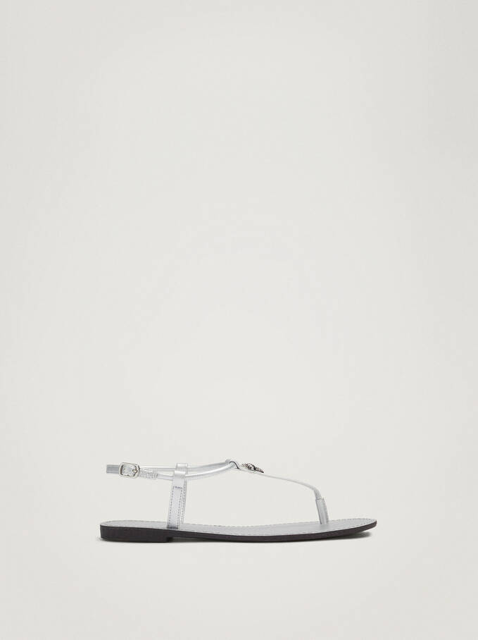 Flat Sandals With Metallic Detail, Silver, hi-res