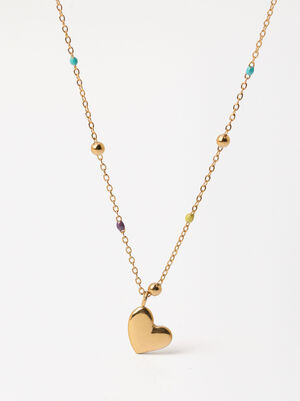 Necklace With Enamel And Heart - Stainless Steel
