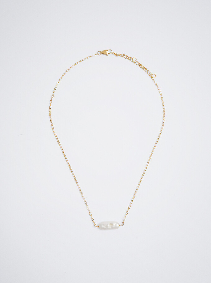 Stainless Steel Necklace With Freshwater Pearl, Golden, hi-res