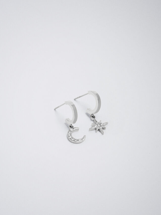 Stainless Steel Hoop Earrings With Moon And Star image number 2.0