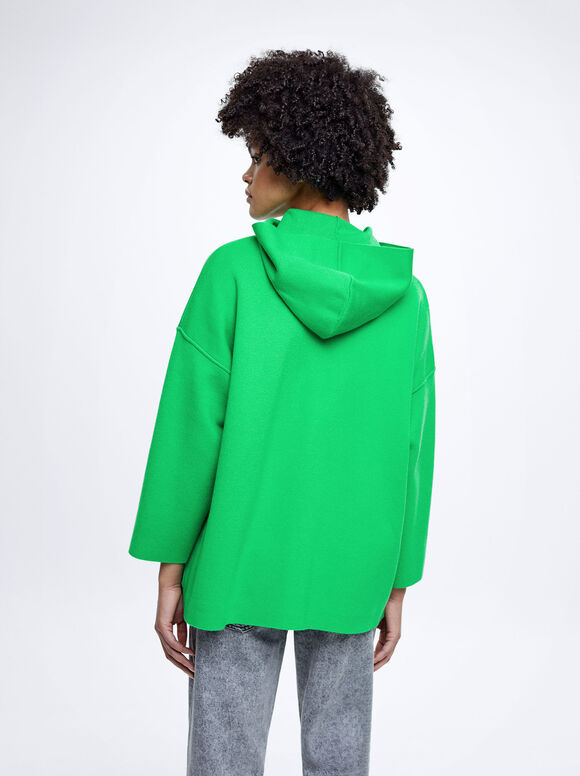 Hooded Knit Poncho, Green, hi-res