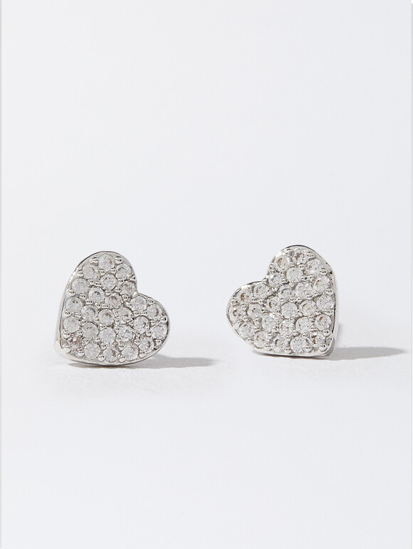 Heart Earrings And Zirconia, Silver, hi-res