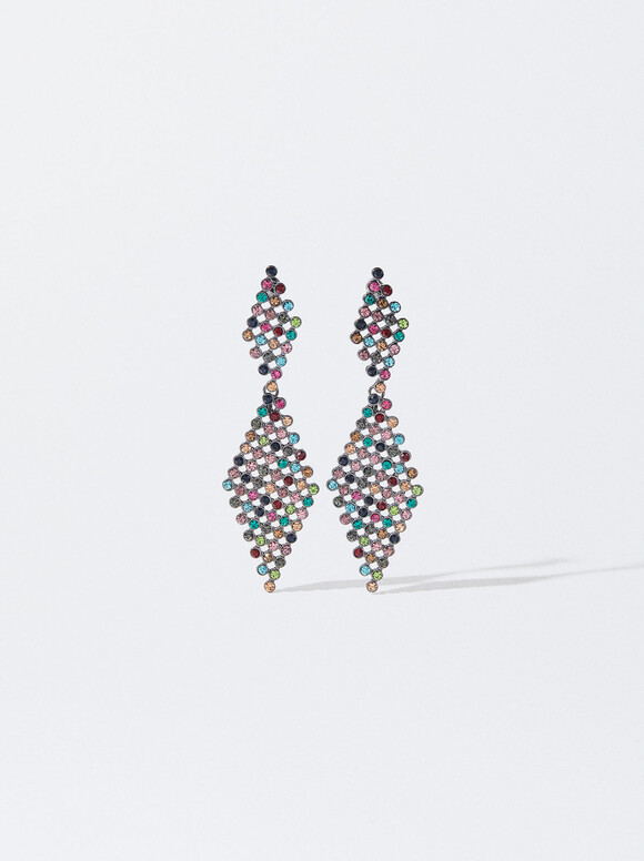 Rhombus-Shaped Earrings With Crystals, Multicolor, hi-res