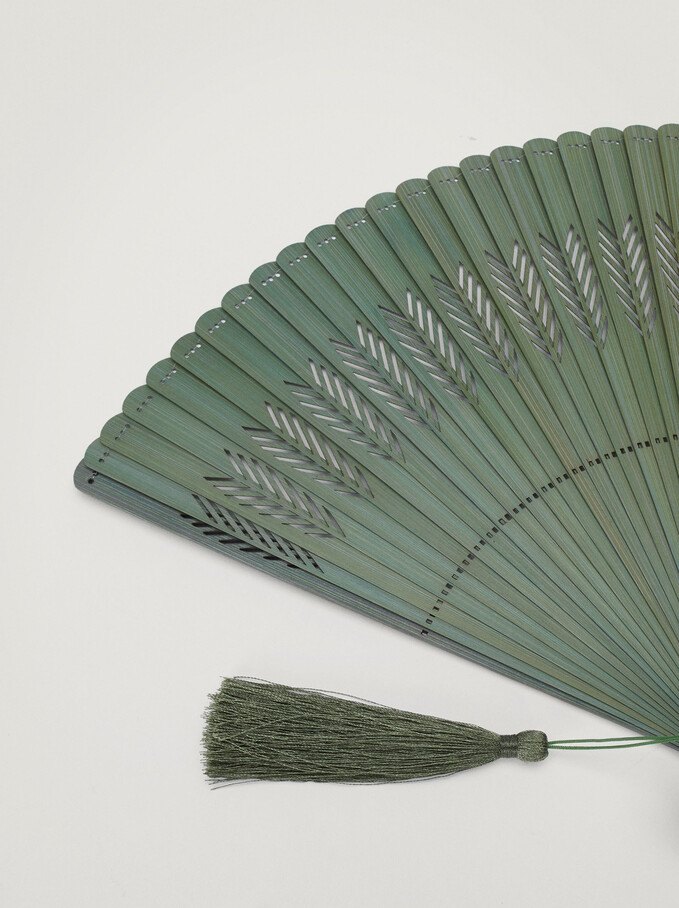 Perforated Fan With Tassel, Khaki, hi-res