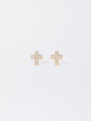 Earrings With Cross And Zirconia, Golden, hi-res