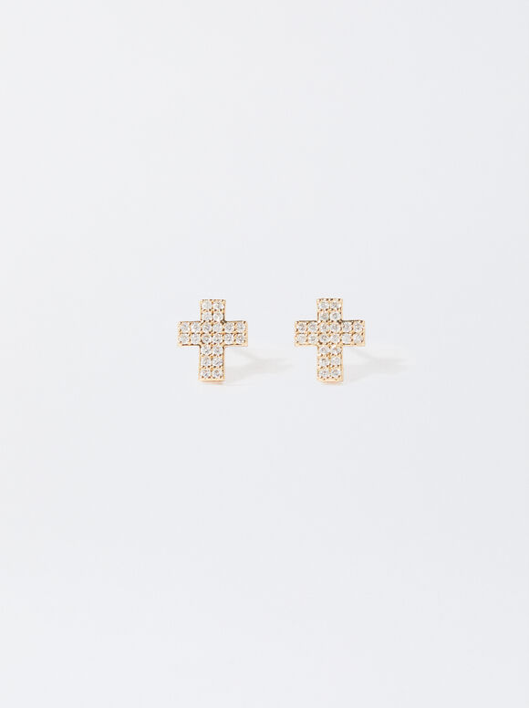 Silver-Plated Earrings With Cubic Zirconia And Crosses, Golden, hi-res