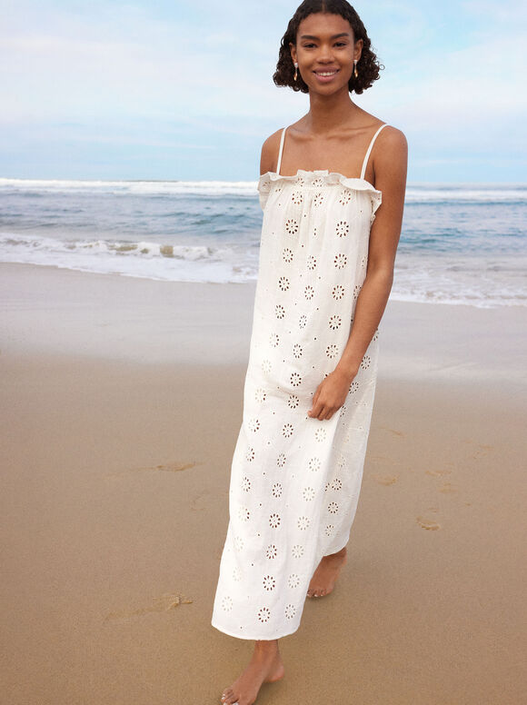 Embroidered Long Dress, White, hi-res