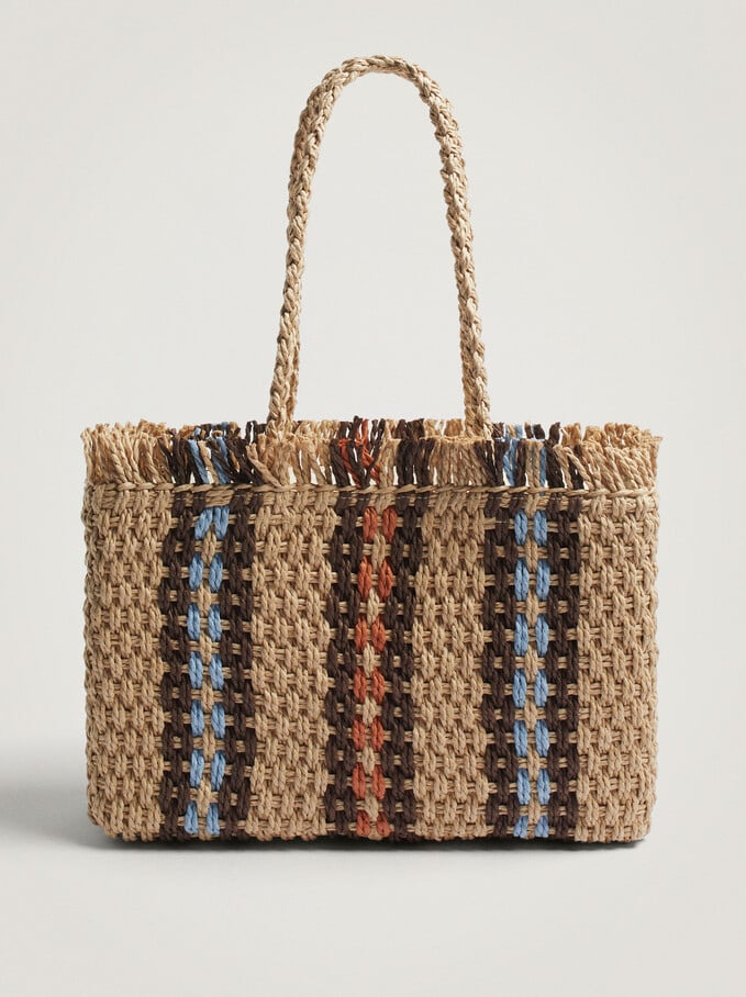 Multicoloured Straw Shopper Bag, Beige, hi-res