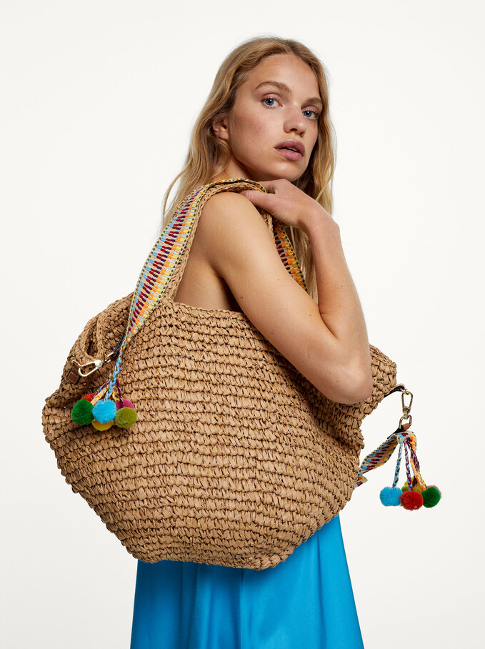 Raffia Shopper Bag With Pendant, Beige, hi-res