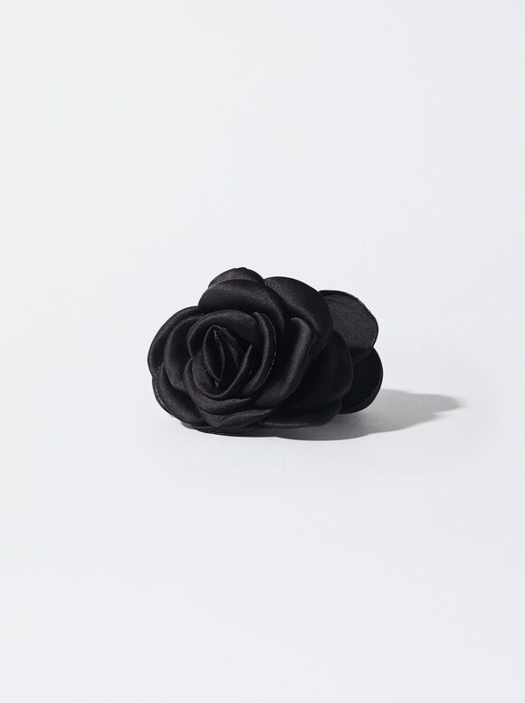 Hair Claw With Flower, Black, hi-res