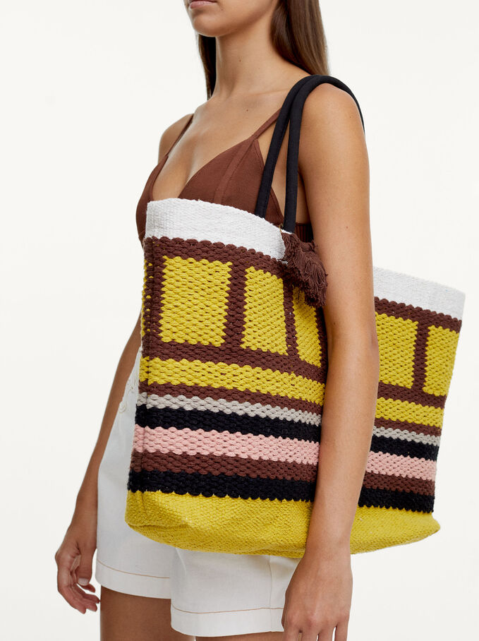 Woven Shopper Bag With Pendant, Yellow, hi-res