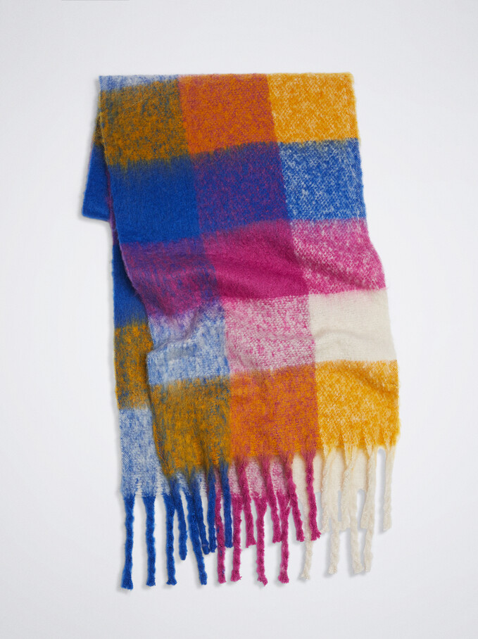 Large Scarf With Check Print, Blue, hi-res