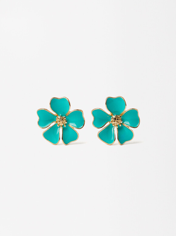 Golden Flower Earrings, Blue, hi-res