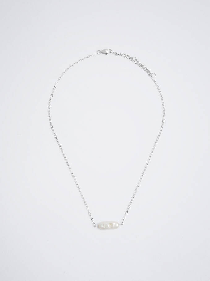 Stainless Steel Necklace With Freshwater Pearl, Silver, hi-res
