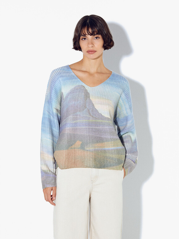 Printed Knit Sweater, Multicolor, hi-res