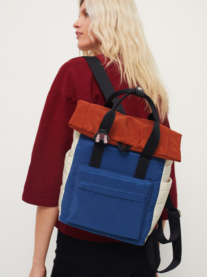 Colour Block Nylon Backpack, Blue, hi-res