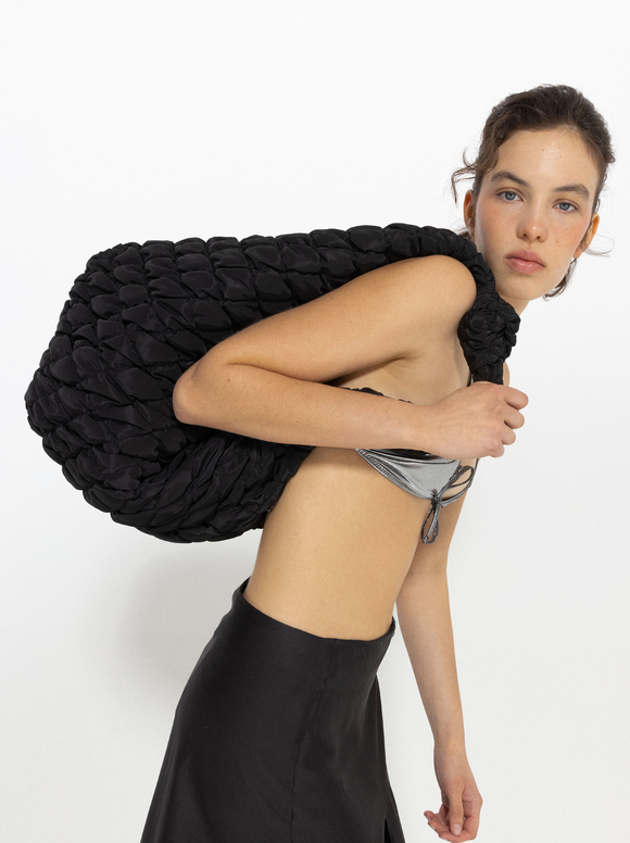 Quilted Nylon Shoulder Bag L, Black, hi-res