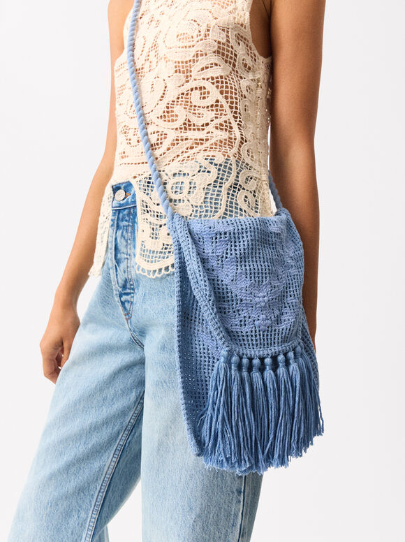 Crochet Crossbody Bag, Blue, hi-res
