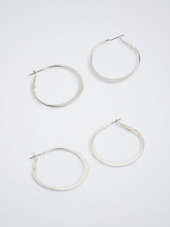 Set Of  Silver Hoop Earrings, Silver, hi-res