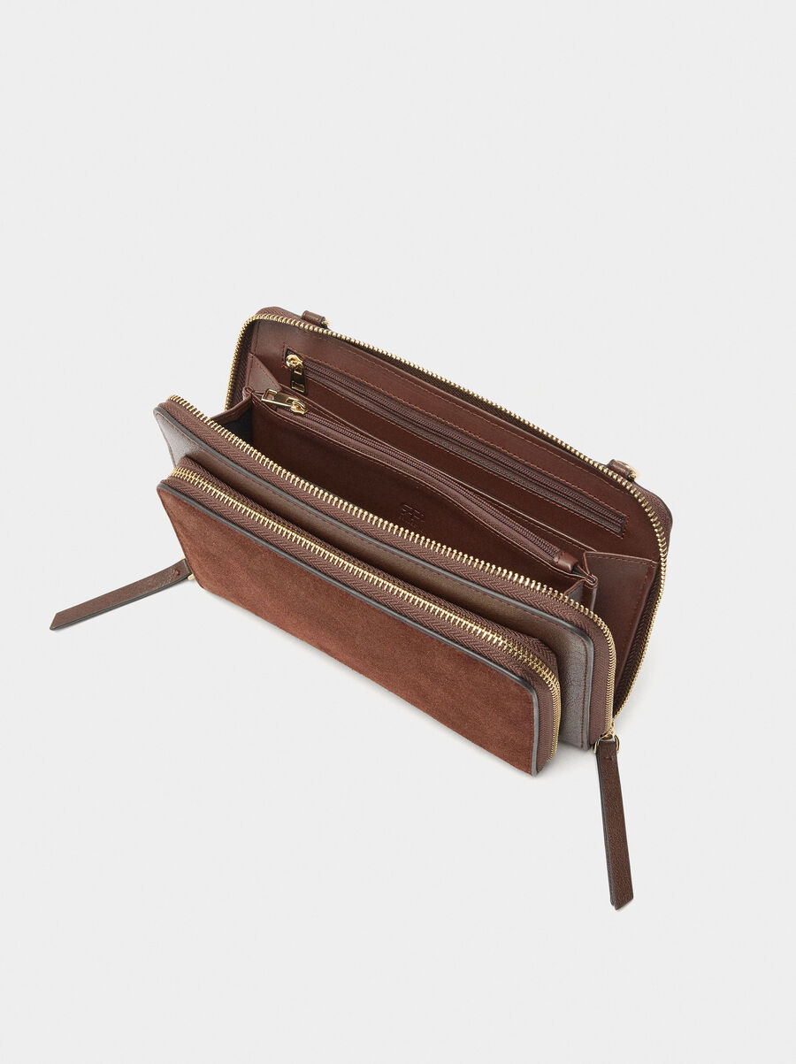 Wallet with leather details and crossbody strap