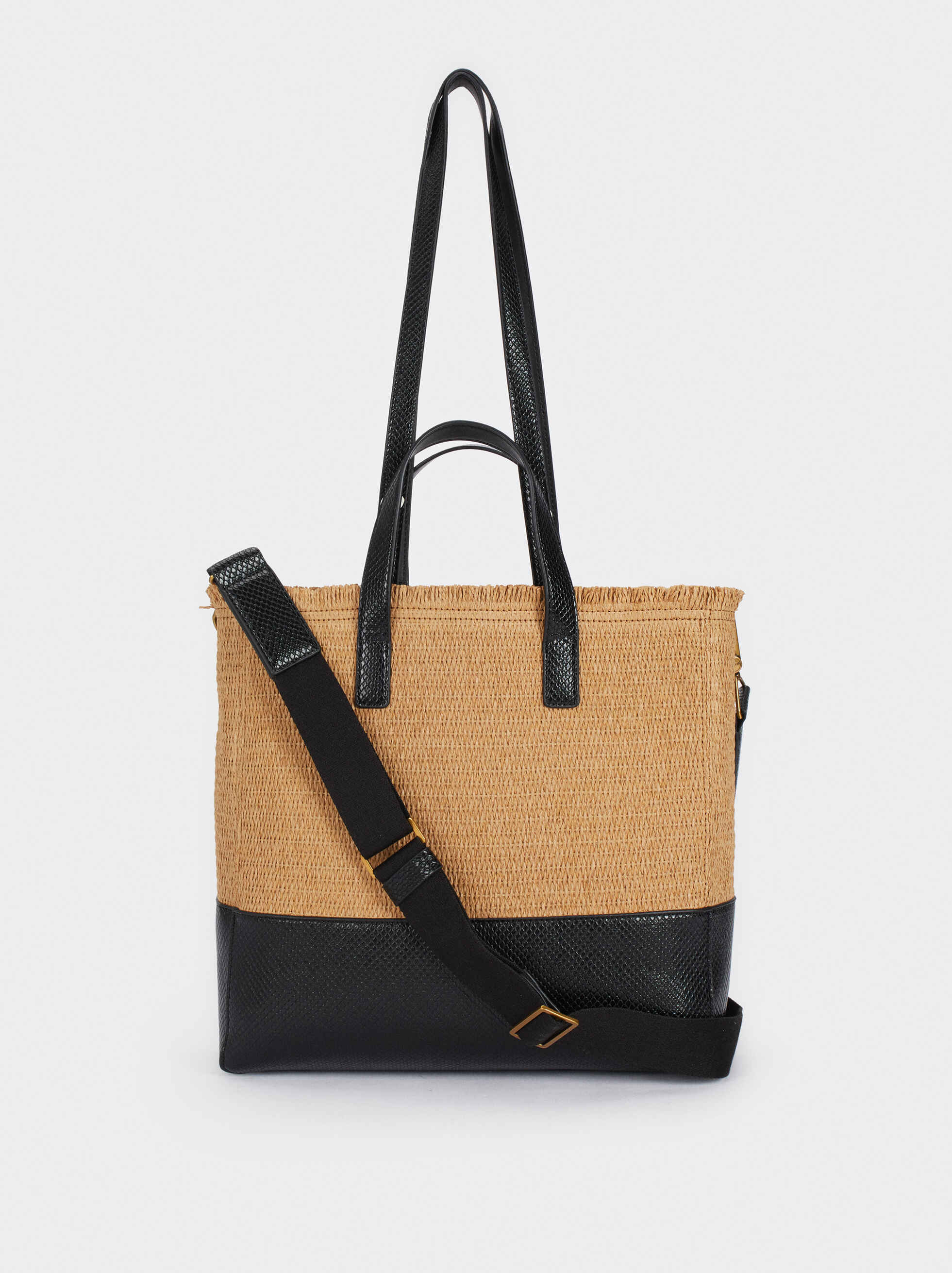 Raffia Tote Bag With Embossed Animal Print - Black - Woman - Handbags ...