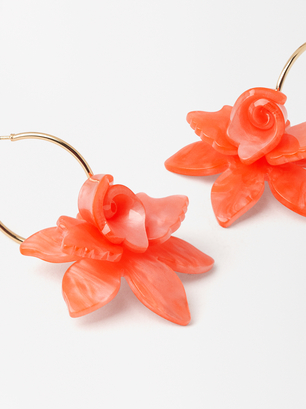 Flower Hoop Earrings, Coral, hi-res
