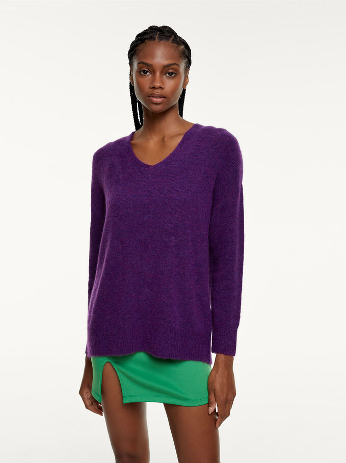 Knitted V-Neck Sweater, Purple, hi-res