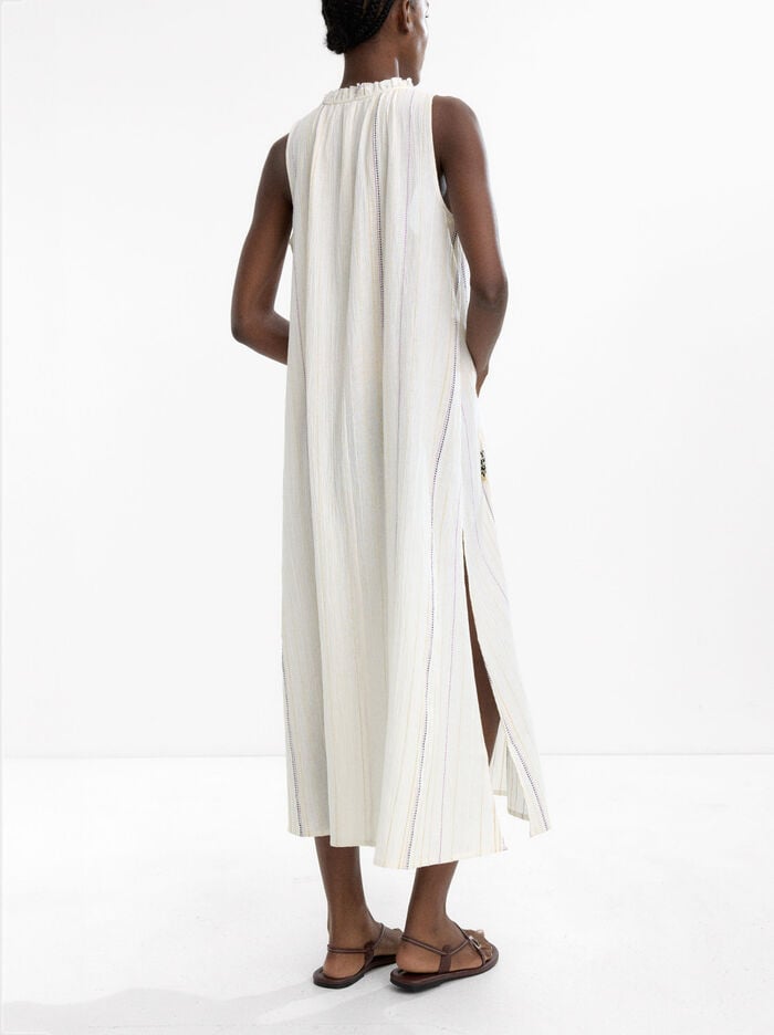 Long dress with multicolor topstitching