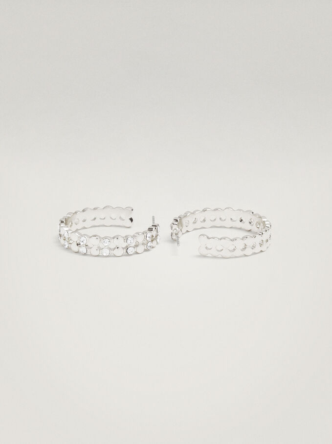 Silver Hoop Earrings With Strass, Silver, hi-res