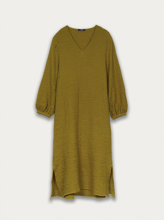 Long Textured Cotton Dress, Green, hi-res