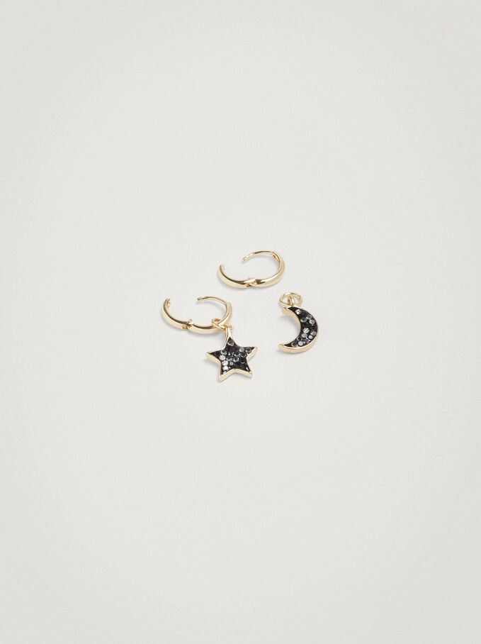 Short Hoop Earrings With Moon And Star, Multicolor, hi-res