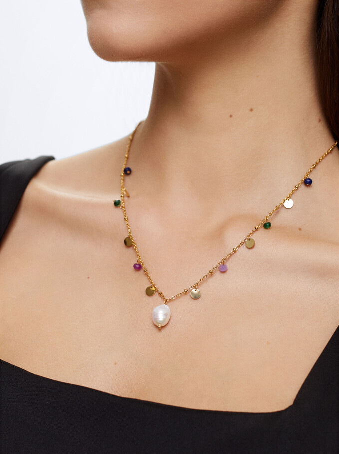 Stainless Steel Necklace With Freshwater Pearl, Multicolor, hi-res