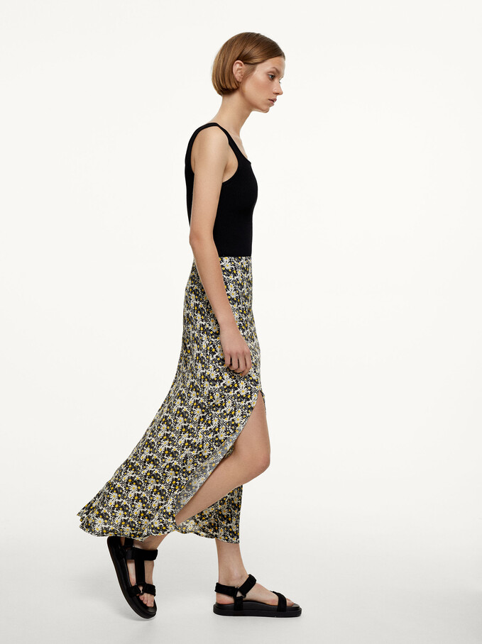 Floral Printed Skirt, Black, hi-res