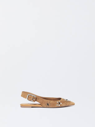 Leather Ballerinas With Tacks, Camel, hi-res