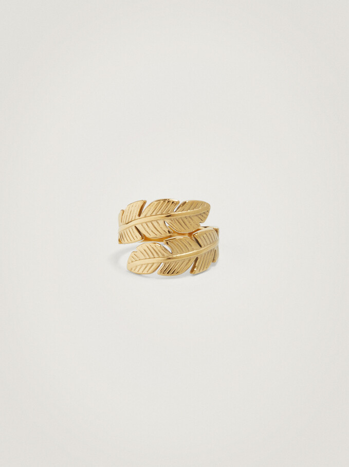 Leaf Stainless Steel Ring, Golden, hi-res