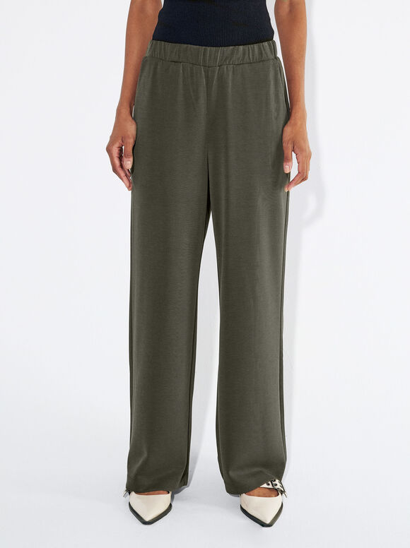 Loose-Fitting Trousers With Elastic Waistband, Khaki, hi-res