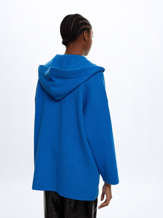 Hooded Knit Poncho, Blue, hi-res