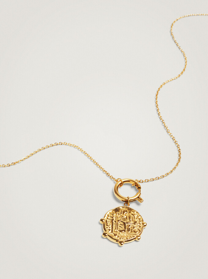 Steel Necklace With Pendant, Golden, hi-res