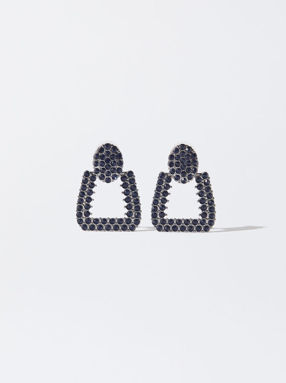 Golden Earrings With Crystals, Navy, hi-res